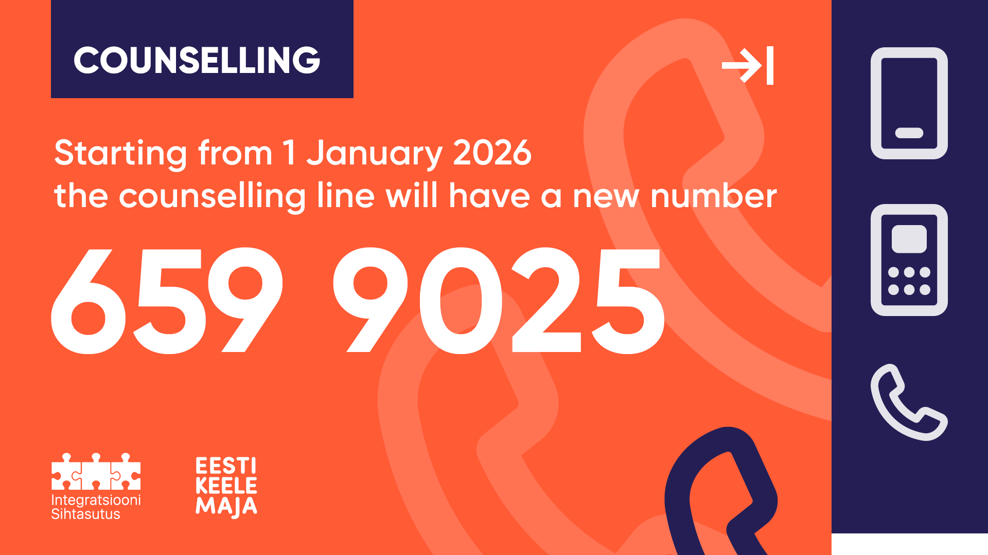 Counselling line telephone number will change starting from the new year